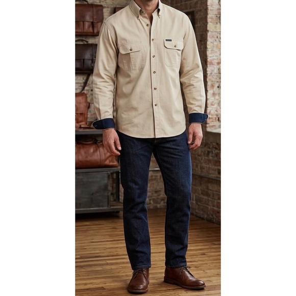 Woods & Gray Other - Vintage Woods & Gray Button Down Shirt Beige Cotton Twill Utility Men's Large